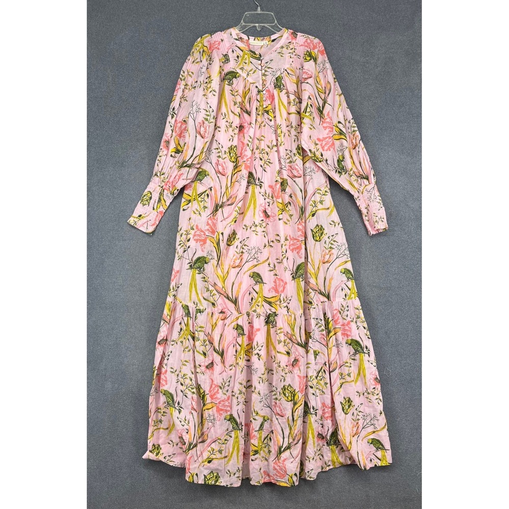 Happy Nature Maxi Dress Womens M Pink Floral Bird Cotton Tiered Boho Cottagecore
